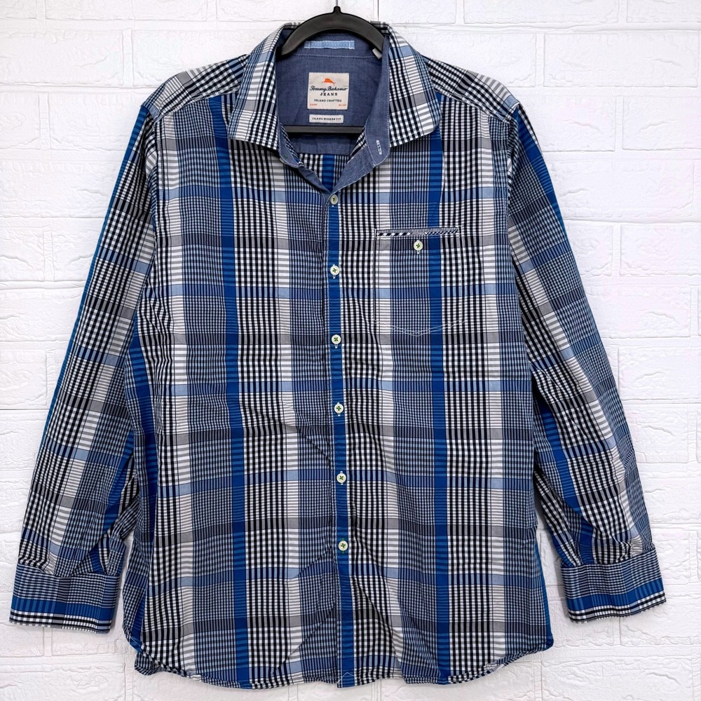Tommy Bahama Button Down Shirt Mens Large Blue Plaid Island Modern Fit Coastal